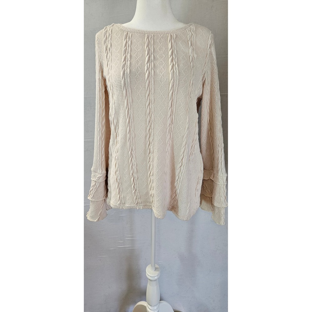 Doe & Rae Cream Cable Knit Sweater Ruffle Cuff Boat Neck Beige Large S8175T